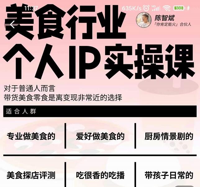 美食行业个人IP实操课，对于普通人而言，带货美食零食是离变现非常近的选择-创业项目致富网、狼哥项目资源库