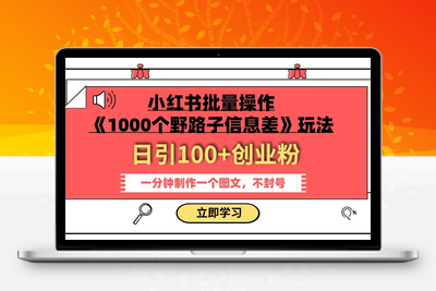 小红书批量操作《1000个野路子信息差》玩法，一分钟制作一个图文，不封号，日引100+创业粉-创业项目致富网、狼哥项目资源库