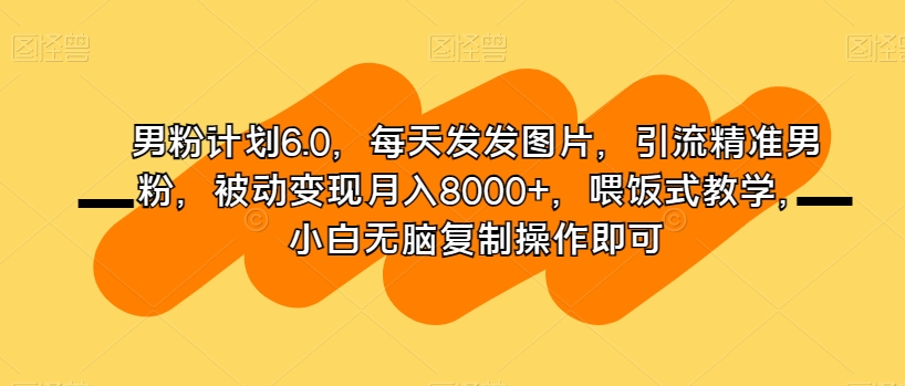 男粉计划6.0，每天发发图片，引流精准男粉，被动变现月入8000+，喂饭式教学，小白无脑复制操作即可-创业项目致富网、狼哥项目资源库