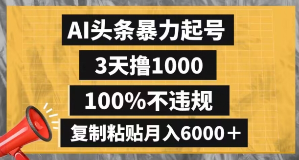 AI头条暴力起号，3天撸1000,100%不违规，复制粘贴月入6000＋【揭秘】-创业项目致富网、狼哥项目资源库
