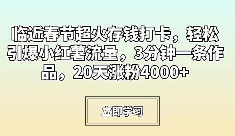 临近春节超火存钱打卡，轻松引爆小红薯流量，3分钟一条作品，20天涨粉4000+【揭秘】-创业项目致富网、狼哥项目资源库