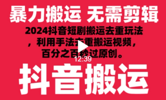 2024最新抖音搬运技术，抖音短剧视频去重，手法搬运，利用工具去重，达到秒过原创的效果【揭秘】-创业项目致富网、狼哥项目资源库