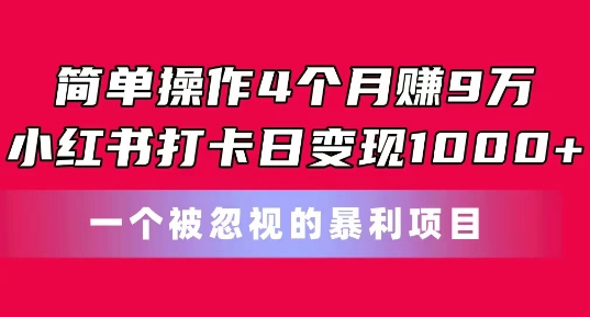 简单操作4个月赚9w，小红书打卡日变现1k，一个被忽视的暴力项目【揭秘】-创业项目致富网、狼哥项目资源库
