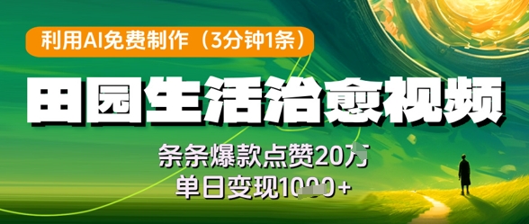 利用AI免费制作田园生活治愈视频，条条爆款点赞20W，单日变现几张-创业项目致富网、狼哥项目资源库