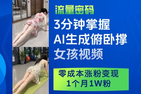 3分钟掌握AI生成俯卧撑女孩视频，零成本涨粉变现，1个月1W粉-创业项目致富网、狼哥项目资源库